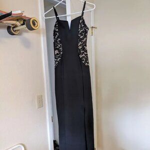 Black Strappy Sleek Dress W/Lace & A Leg Slit BCX